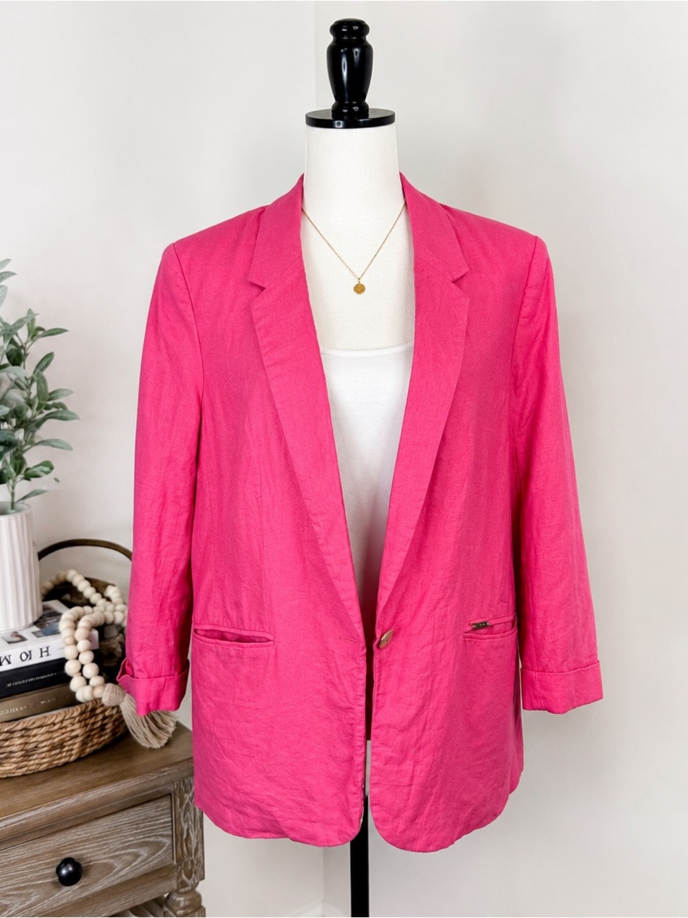 Jones New York Signature Pink Linen Blend Blazer Jacket M 3/4 Sleeve - Picture 2 of 10